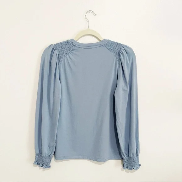 LC Lauren Conrad Smocked Long Sleeve Top Jersey Blouse Blue Ruffle Sleeve Sz XS - Picture 3 of 6